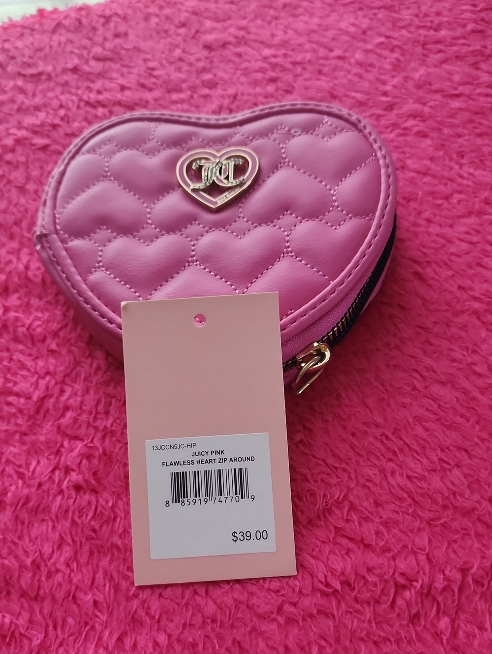 Juicy Couture Quilted Heart Zip Coin Purse in Hot Pink